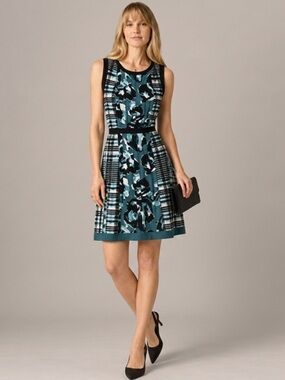 Adrianna Papell Teal Blue Floral Pleated Fit & Flare Sleeveless Dress 4